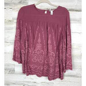 Cato Women’s L Pink Lace Long Sleeve Boho Pullover Blouse Top